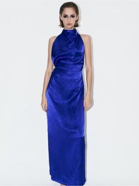 Zara Royal Blue Halter Satin Maxi Dress